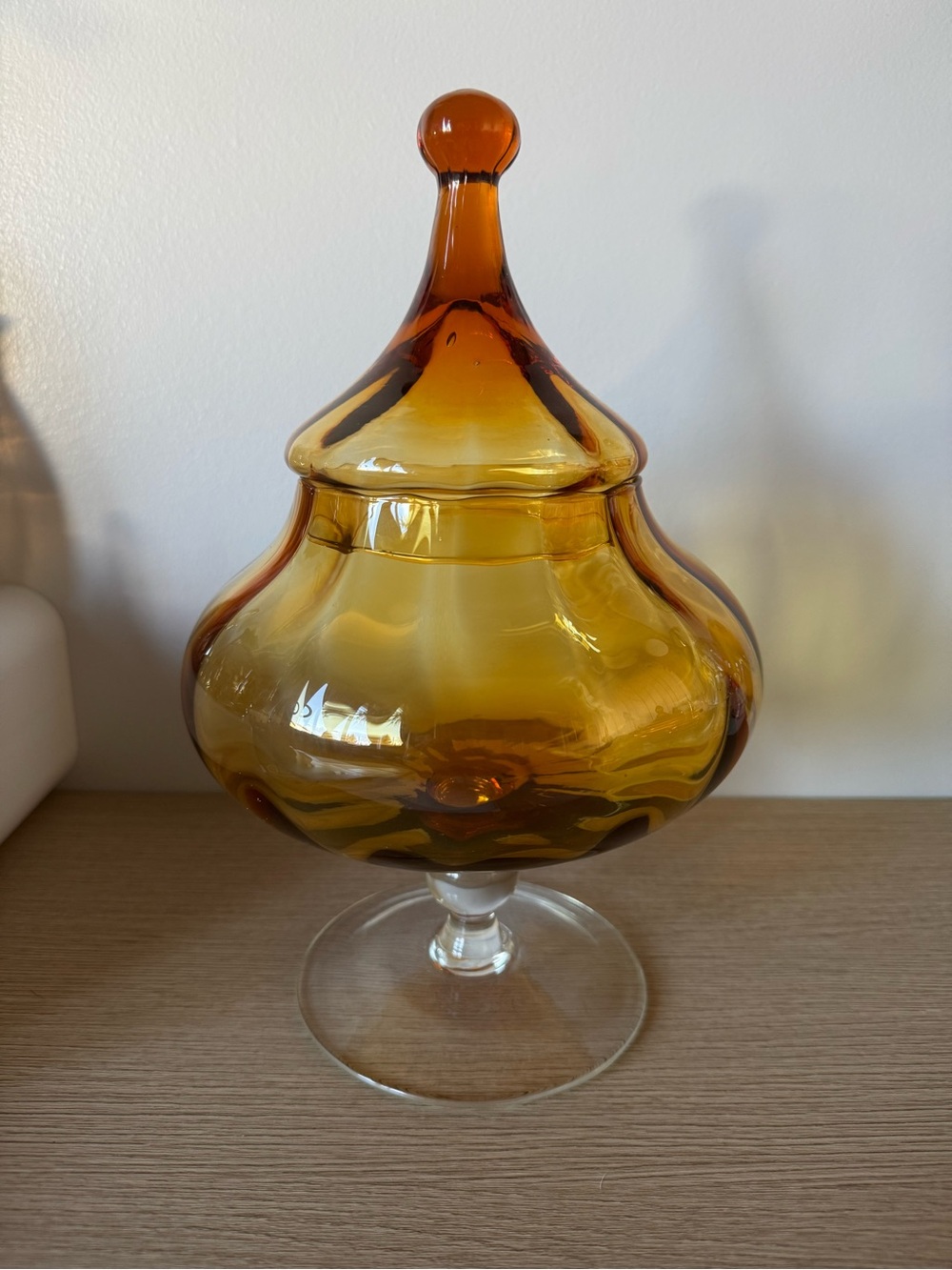 Vintage Amber Glass Pedestal Candy Jar with Circus Tent Lid